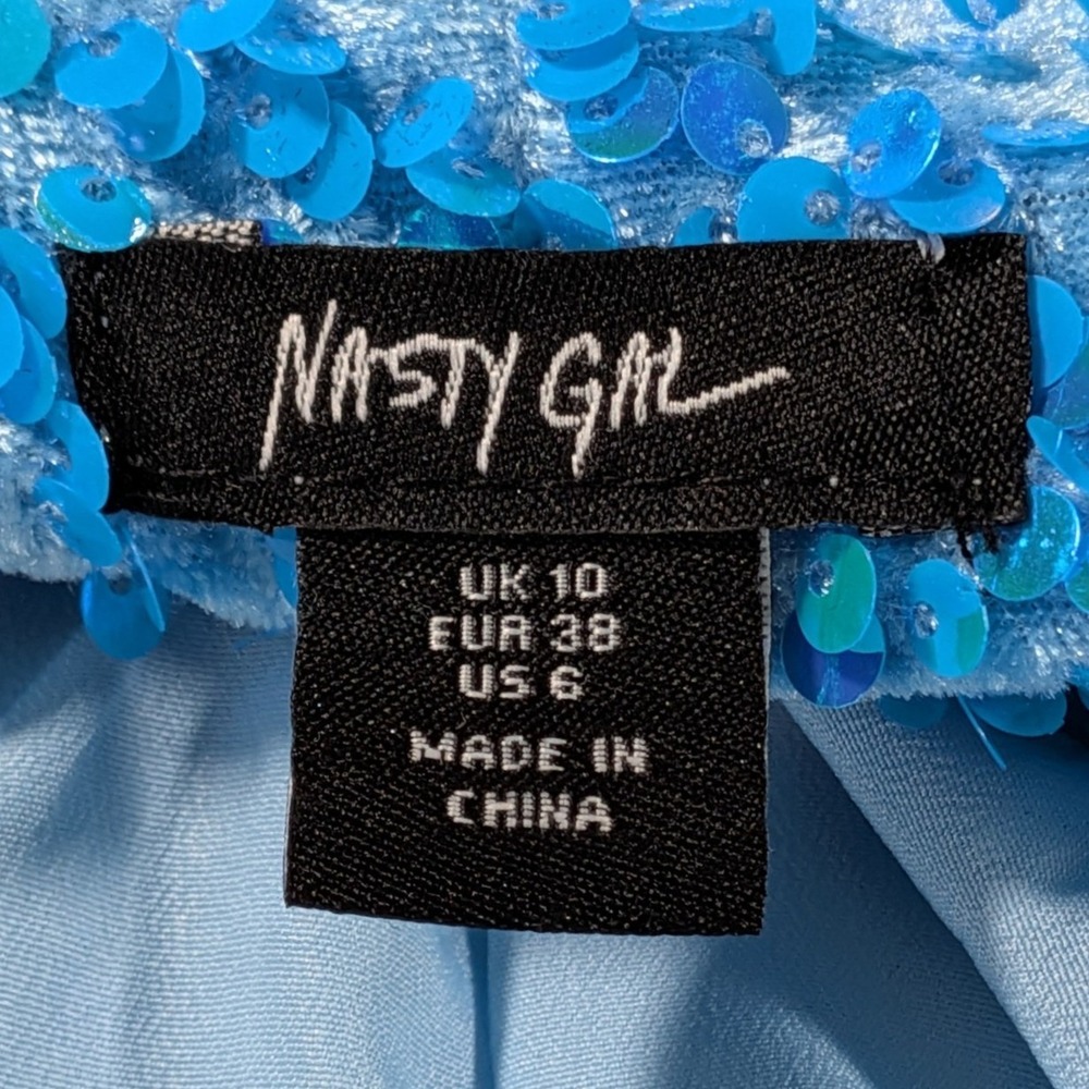 Nasty Gal $326 Size 6 Teal Blue Sequin Two Piece Set Cropped Blazer Flare Pants - Picture 3 of 16
